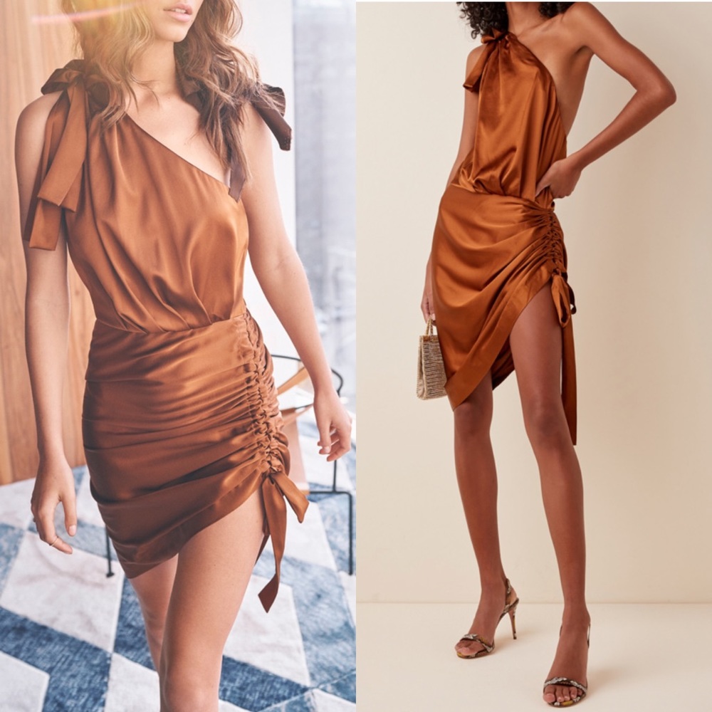 Retrofete Nadia One Shoulder Silk Mini Dress in Brown Size Small